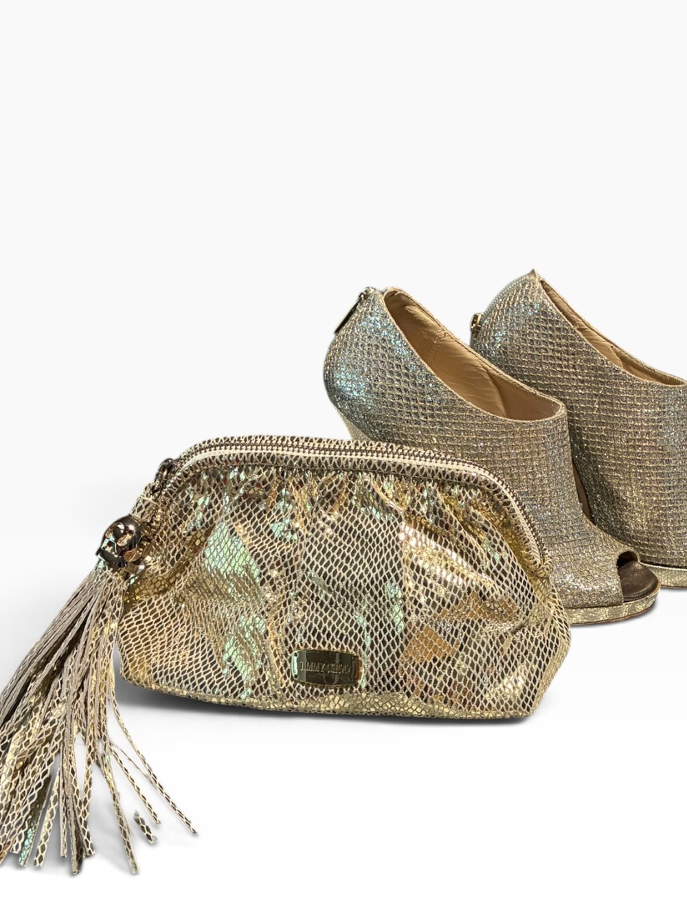 Jimmy Choo Metallic Gold Tassel Clutch Evening Bag